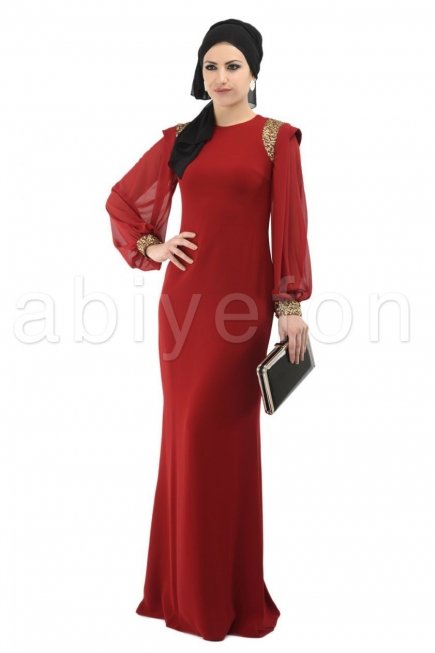 Bordo Tesettür Abiye Elbise S3544
