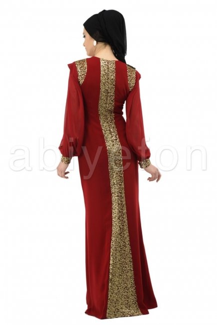 Bordo Tesettür Abiye Elbise S3544