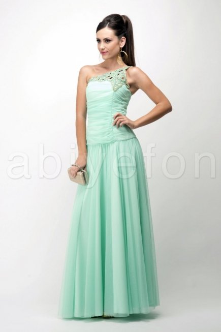 Tek Omuz Su Yeşili Uzun Abiye Elbise S3649